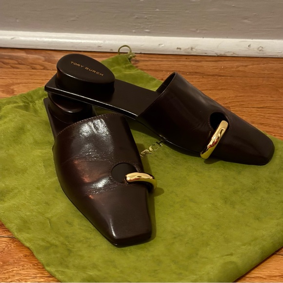 Tory Burch Shoes - Tory Burch Dark Brown Mules with Gold Detail